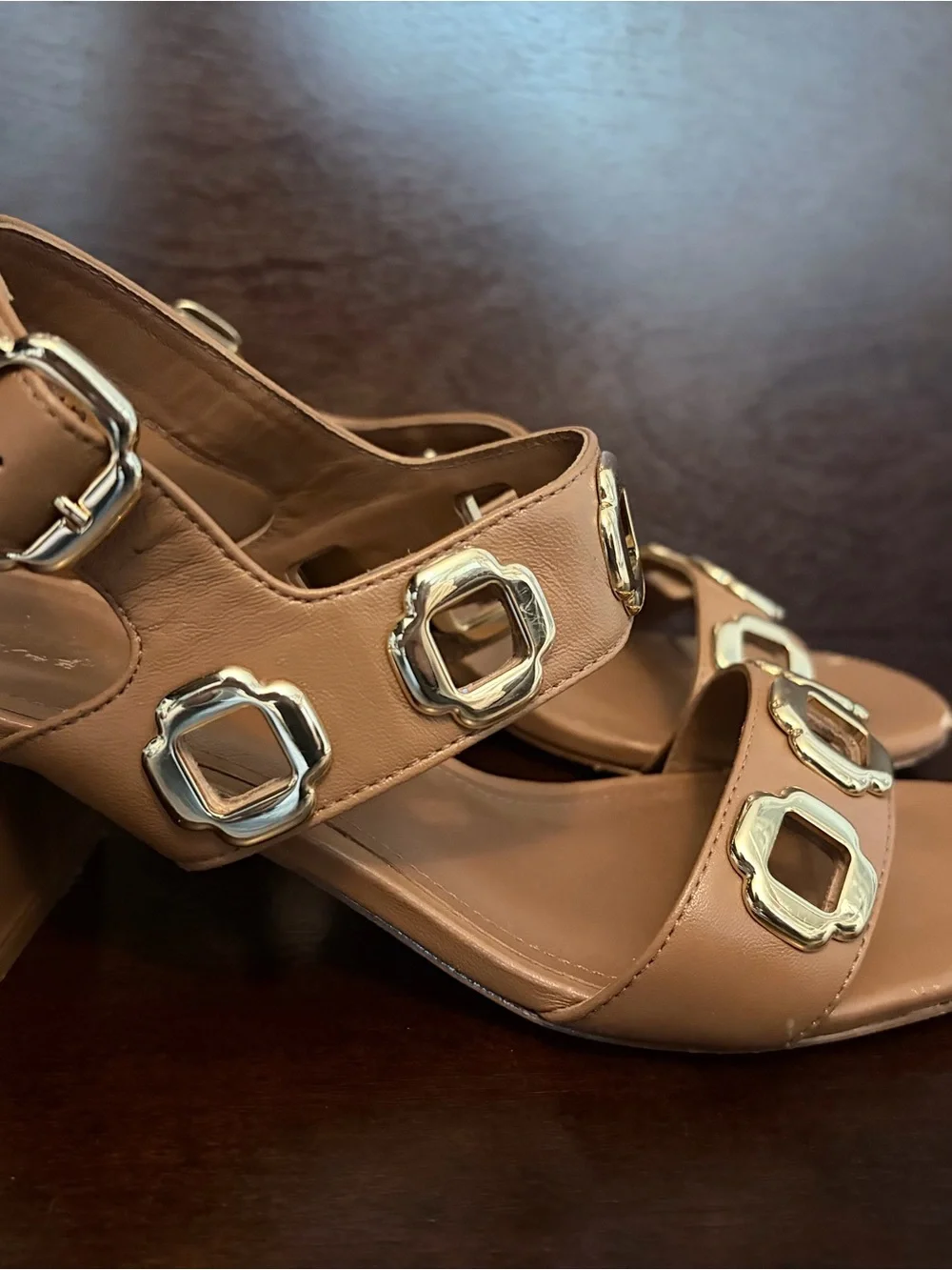 Larroude Tan Leather Slingback Heeled Sandals w/ Gold Geometric Detail -Sz 7.5